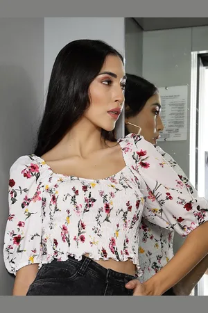 DressBerry Floral Print Sweetheart Neck Crepe Blouson Crop Top