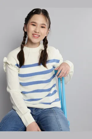 M&H Girls White & Blue Striped Acrylic Pullover