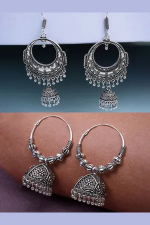 Anouk WomenSet of 2 Silver Plated Oxidised Contemporary Jhumka Earrings