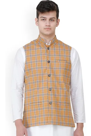 Exotic India Apple Cinnamon Double Check Pattern Nehru Jacket with Front Pockets