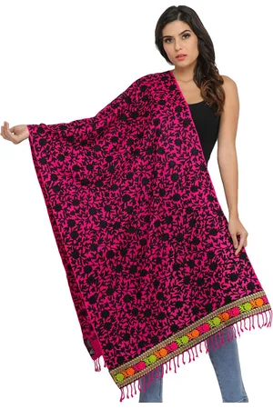 Exotic India Pink And Black Embroidered Flowers and Roses on Border Wool Phulkari Stole