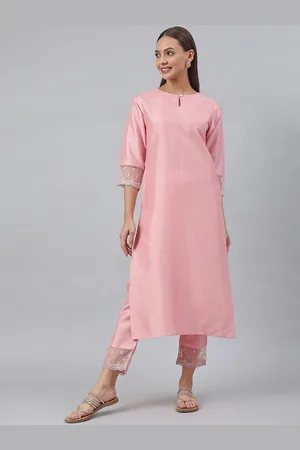 Janasya Women Solid Silk Blend Kurta with Trousers