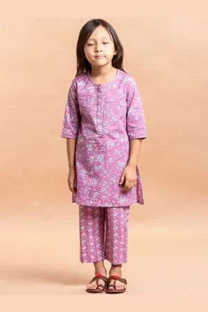 Sangria Girls Floral Printed Pure Cotton A-Line Kurta & Trousers