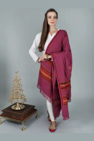 Exotic India Raspberry Coulis Pure Wool Handloom Manipur Shawl with Traditional Motifs
