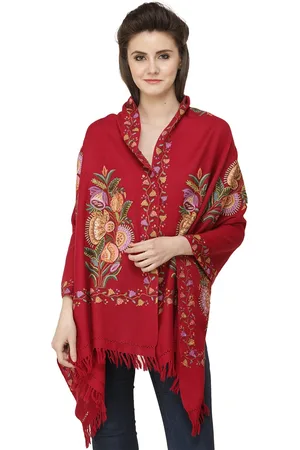 Exotic India Deep Claret Hand-Embroidered Bunch of Flowers Pure Wool Kashmiri Stole