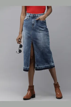 Roadster The Lifestyle Co. Mid Rise Faded Denim Straight Skirt With Slit