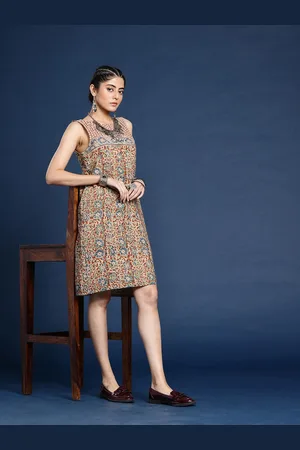 Taavi Kalamkari Indie Floral Printed A-Line Pure Cotton Ethnic Dress