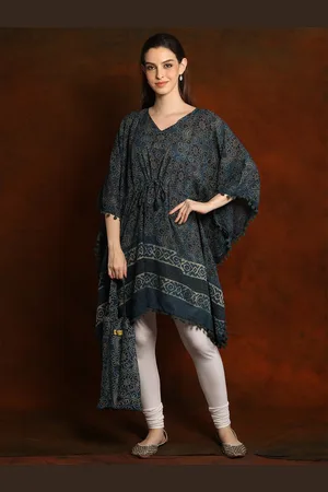 Exotic India Night Grey Pure Cotton Short Kaftan with Cotton Bag and Pom Poms Border
