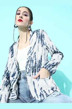 KASSUALLY Women Blue & White Tie-Dye Printed Single-Breasted Blazer