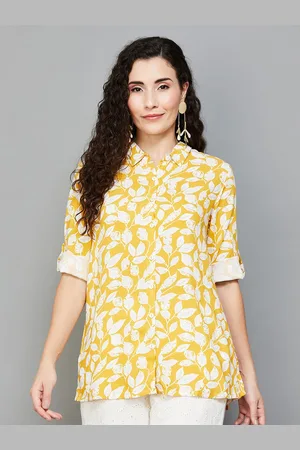 Lifestyle Floral Printed Shirt Collar Roll Up Sleeves Tunic