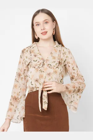 MISH Women Beige Floral Print Tie-Up Neck Chiffon Longline Top