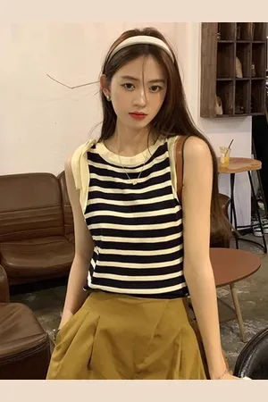 HERE&NOW Women Striped Round Neck Sleeveless Top