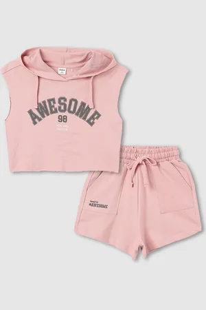 Max Collection Girls Printed Hooded Sleeveless Pure Cotton T-shirt With Shorts