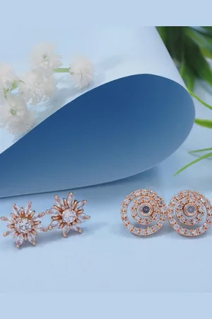 I Jewels Set of 2 Rose Gold-Plated Contemporary CZ Studs Earrings