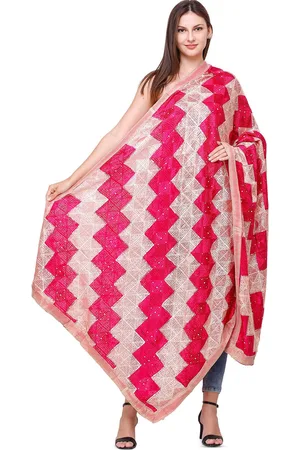 Exotic India Fuchsiarose Phulkari Art Silk Dupatta with Sequins and Gota Border