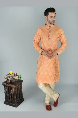 Exotic India Jacquard Modish Big Pattern Peach Ethnic Kurta Pajama Set