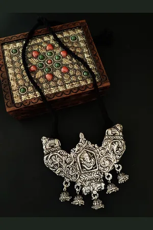 Binnis Wardrobe Silver-Plated Oxidised jhumka Necklace