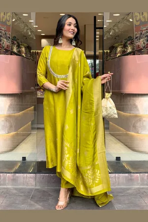 DIVASTRI Floral Embroidered Round Neck Straight Kurta With Trousers And Dupatta