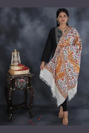 Exotic India Aari Hand-Embroidered Flowers and Paisleys Pure Wool Kashmiri Stole