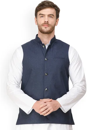 Exotic India Design Blue Front Pockets Waistcoat with Woven Diagonal Stripes