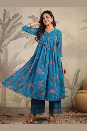 Janasya Floral Printed V-Neck Empire Gotta Patti Georgette A-Line Kurta with Trouser