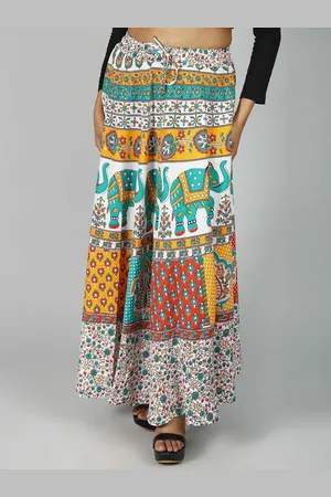 Exotic India Pure Cotton Sanganeri Long Skirt with All Over Floral-Elephant Printed Motifs
