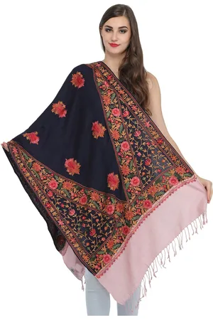 Exotic India Peacoat And Lotus Aari Floral-Embroidered Double Colored Pure Wool Stole
