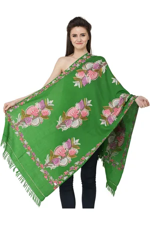Exotic India Medium Green Hand-Embroidered Bunch of Flowers Pure Wool Kashmiri Stole