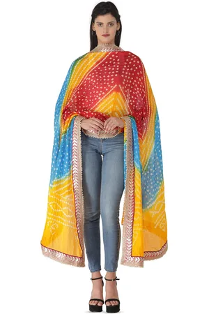 Exotic India Multicolor Tie-Dye Bandhani Silk Dupatta with Zari Patch Border & Beadwork