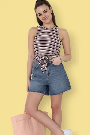 ONLY Women Grey & Navy Blue Striped T-shirt With Tie-Up Detail