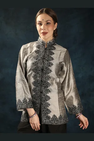 Exotic India Flint Gray Pure Silk Kashmiri Short Jacket with Paisley Aari Embroidery