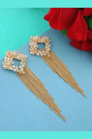 DIVASTRI Gold-Plated Stones Studded Contemporary Shaped Tasselled Drop Earrings