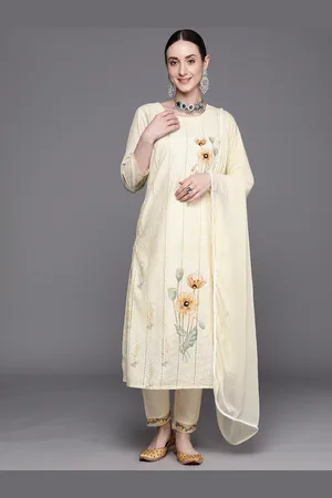 Indo Era Floral Embroidered Regular Thread Work Pure Cotton Kurta With Trousers & Dupatta