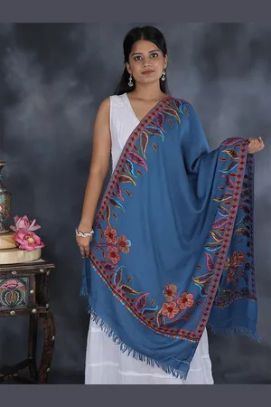 Exotic India Moonlight Blue Pure Wool Kashmiri Stole with Aari Hand-Embroidery Border