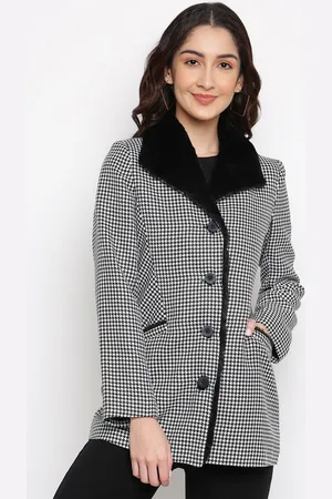 Latin Quarters Women Black & White Checked Overcoats
