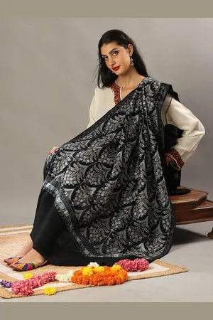 Exotic India Black Pure Wool Chain Stitch Aari Embroidered Mughal Motif Shawl