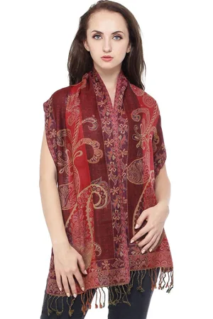Exotic India Clover Pure Wool Reversible Jamawar Scarf with Woven Paisleys