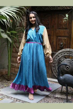 Exotic India Assorted Vintage Pure Silk Strong Blue Victorian Date Dress