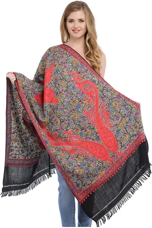 Exotic India Black Dense Aari-Hand Embroidered Paisleys Pure Wool Kashmiri Stole