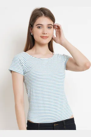 Purple State Women White Striped Slim Fit T-shirt