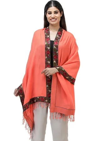 Exotic India Hot Coral Pure Wool Stole with Embroidered Floral Patch Border