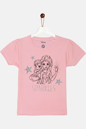 YK Girls Pink Elsa & Anna Glitter Printed Puff Sleeve Cotton T-shirt