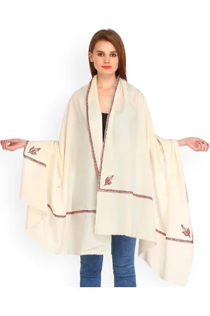 Exotic India Ivory Pure Wool Sozni Hand-Embroidered Border Kashmiri Kingri Shawl
