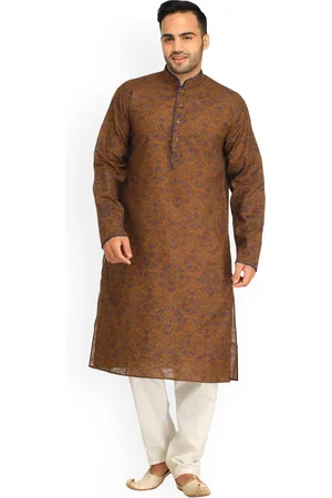 Exotic India Pure Cotton Kurta Pajama Set with Floral Print and Piping
