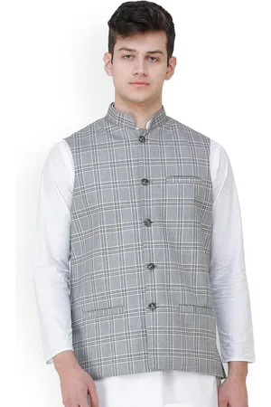 Exotic India Ash Double Check Pattern Polywool Nehru Jacket with Front Pockets