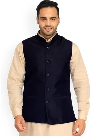 Exotic India Art Silk Deep Blue Plain Wedding Waistcoat with Front Pockets