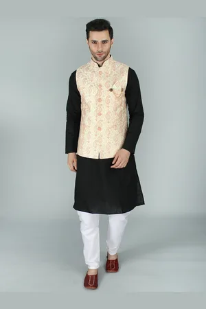 Exotic India Paisley Jacquard Silk Modi Jacket Waist Coat with Sequin-Thread Embroidery