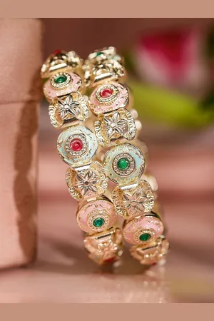 Rubans Set of 2 18K Gold Plated Multicolor Enamel & Stone Studded Floral Design Bangles