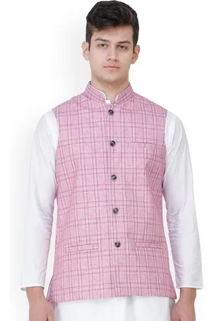 Exotic India Pastel Lavender Double Check Pattern Nehru Jacket with Front Pockets