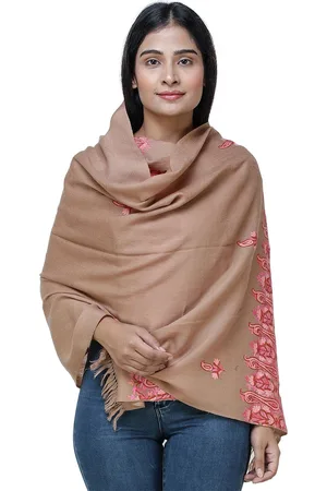 Exotic India Sirocco Brown Aari Hand-Embroidered Flowers Woolen Kashmiri Stole